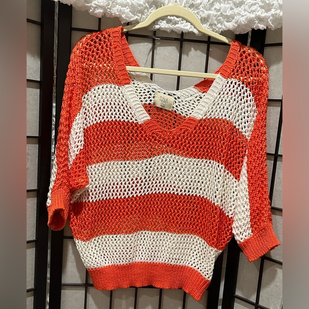Tina Jo Orange and White, BOARD WALK, OPEN-STITCH PULL OVER SWEATER, SIZE M: